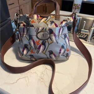Fossil Crossbody Bag with Bird Print and Brown Straps